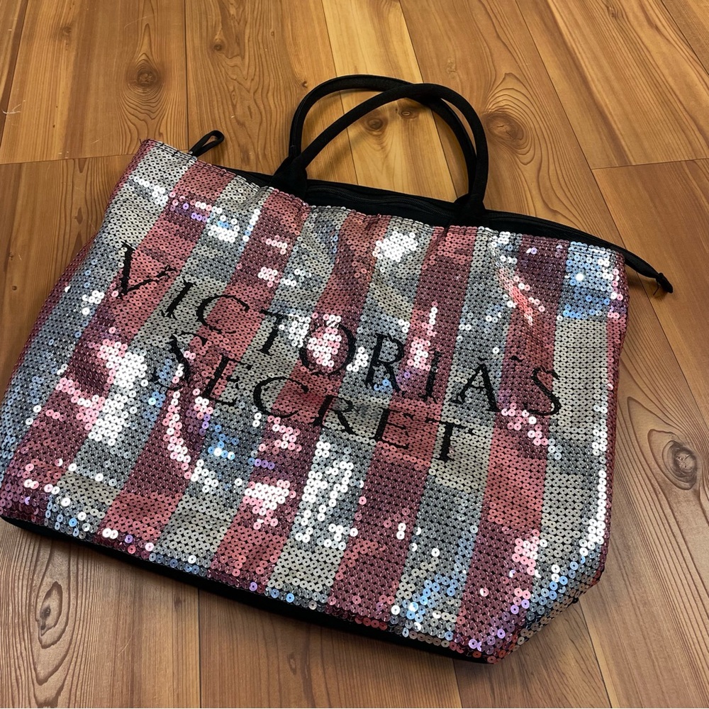 Victoria’s Secret Pink Gray Black Stripe Sequin Zippered Weekend Duffle Bag